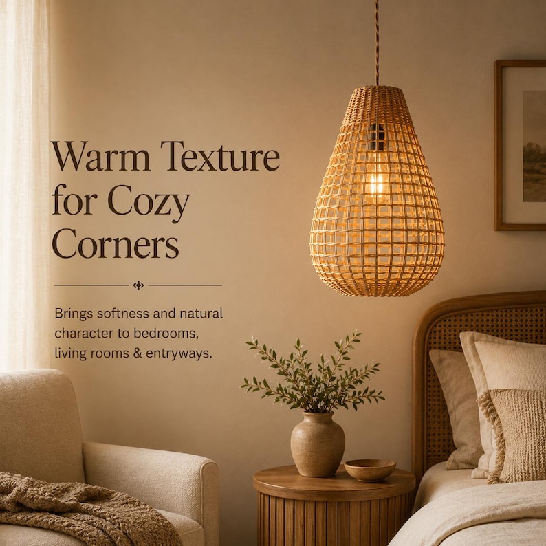 K&ouml;nnte beinhalten: Eine tropfenf&ouml;rmige Pendelleuchte mit einem gewebten, beigefarbenen Rattanschirm, der an einem Kabel h&auml;ngt. Der Text an der Wand lautet: Warm Texture for Cozy Corners. Brings softness and natural character to bedrooms, living rooms & entryways.