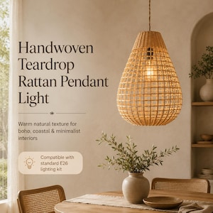 Handmade Teardrop Rattan Pendant Lampshade, E26 Compatible Wicker Light Shade Bild 1