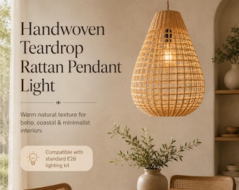 Handmade Teardrop Rattan Pendant Lampshade, E26 Compatible Wicker Light Shade