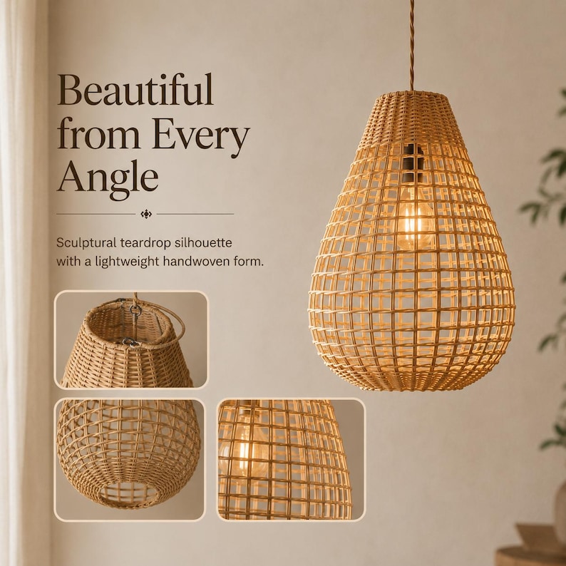 K&ouml;nnte beinhalten: Eine tropfenf&ouml;rmige Pendelleuchte mit einem handgeflochtenen, beigefarbenen Korbgeflecht-Gittermuster. Der Text lautet: Beautiful from Every Angle. Sculptural teardrop silhouette with a lightweight handwoven form. Enth&auml;lt drei kleinere Ansichten der Leuchte.