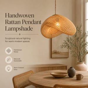 May include: A handwoven rattan pendant lampshade with a sculptural, twisted form. The light brown, open-weave structure hangs from a cord. Text on the image reads: Handwoven Rattan Pendant Lampshade, Sculptural natural lighting for warm modern spaces, Handwoven Rattan, Natural & Sustainable, Warm Ambient Glow.