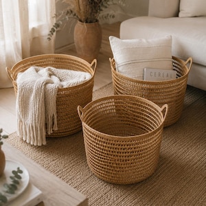 Handmade Rattan Storage Basket with Handles, Woven Laundry Basket, Bali Boho Decor