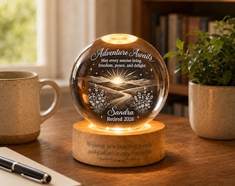 Custom Name Retirement Night Light, Personalized Crystal Ball Lamp, Sunrise Mountain Retiree Gift
