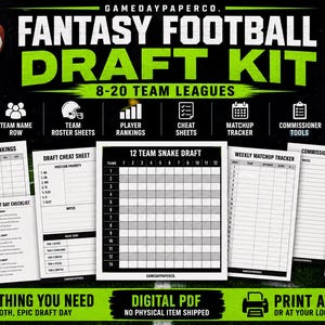 May include: A fantasy football draft kit with a football and various printable sheets. The kit includes snake draft boards, team roster sheets, player rankings, cheat sheets, and a matchup tracker. The text on the kit says "Fantasy Football Draft Kit" and "8-20 Team Leagues."