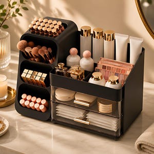 Puede incluir: Organizador de cosméticos negro con múltiples compartimentos y cajones. Contiene brochas de maquillaje, pintalabios y otros productos de belleza. El organizador tiene un diseño elegante con detalles dorados y cajones transparentes.