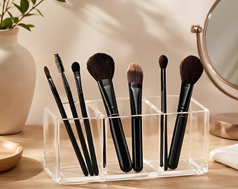 Organizador de brochas de maquillaje de acrílico transparente – Almacenamiento de cosméticos con 3 compartimentos para tocador