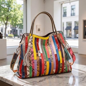 May include: A colorful patchwork leather handbag with a striped pattern. The bag features a woven handle, a detachable shoulder strap, and decorative tassels. The bag's design incorporates various colors and textures.