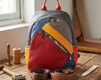 Handmade Colorful Patchwork Leather Backpack, Genuine Leather Daypack