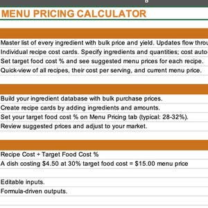Peut inclure: Une feuille de calcul intitulée "RECIPE COST & MENU PRICING CALCULATOR" avec des sections détaillant les bases de données d'ingrédients, les fiches de recettes et la tarification des menus. Comprend des étapes de configuration et une formule de tarification.