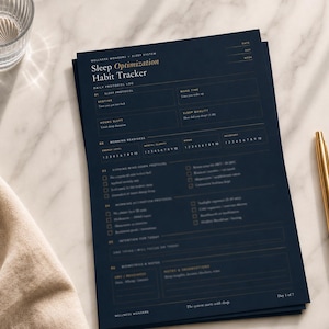 Op de afbeelding: Een donkerblauwe Sleep Optimization Habit Tracker met gouden tekst. De tracker bevat secties voor slaapprotocol, wektijd, slaapkwaliteit en ochtendbereidheid. Een gouden pen ligt aan de rechterkant van de tracker.