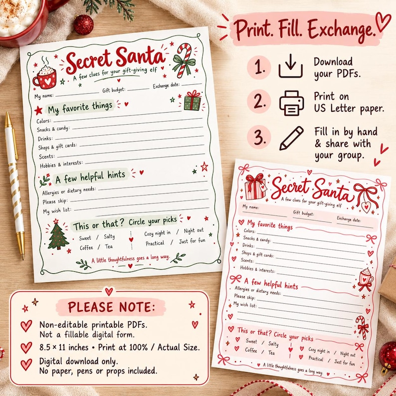 Whimsical Secret Santa Questionnaire Bundle, 2 Printable Christmas Gift ...