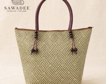 Sac Cabas Tressé Raphia Fait Main Thaïlande · Vert sauge Ivoire · Sac Tote Femme Été