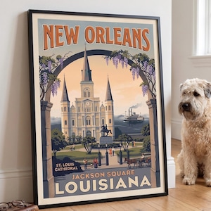 Póster de viaje vintage de Luisiana con estampado de Jackson Square en Nueva Orleans (descarga digital)