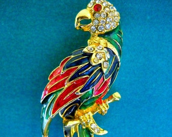 Vintage Parrot Brooch, Rhinestone and Enamel Parrot, Large Bird Brooch, Bird Lover's Gift, Shawl Pin , Wrap Pin