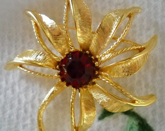 Vintage Flower Brooch, Large Red Rhinestone Brooch, Summer Flower Shawl Pin, Wrap Pin,