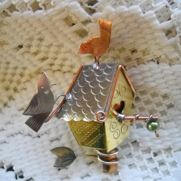 Vintage Bird House Brooch, Copper Bird House Booch, Hand Made Brooch, Summer Shawl Pin, Bird Lover's Gift