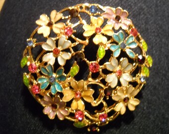 Vintage Rhinestone Flower Brooch, Round Floral Brooch, Summer Shawl Pin, Wrap Pin