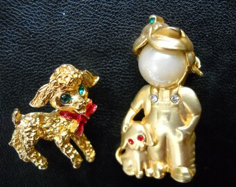 Vintage Farm Girl Brooch,  Girl with Dog and Lamb Brooch, Child and Lamb, Whimsical Scatter Pins, Animal Lovers Gift, Brooch Lot