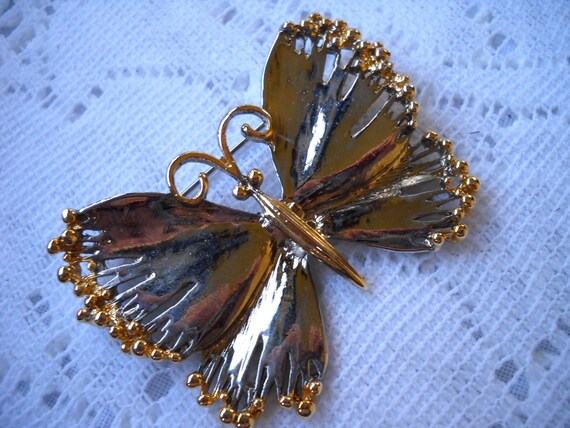 Vintage Butterfly Brooch , Silver and Gold  Butte… - image 4
