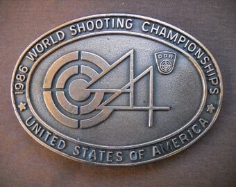 Vintage World Shooting Championships Belt Buckle, 1986 Shooting Belt Buckle, Gift for Gun Lover, Large Belt Buckle