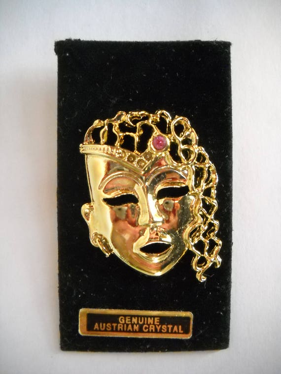 Vintage Gold Mask Brooch, Mardi Gras Mask Brooch, 