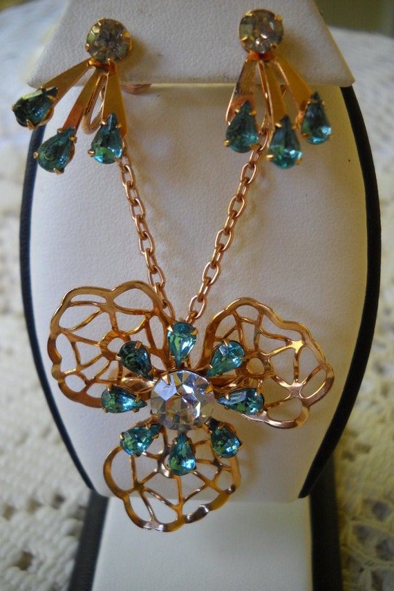 Vintage Blue Rhinestone Necklace and Earring Set,… - image 1