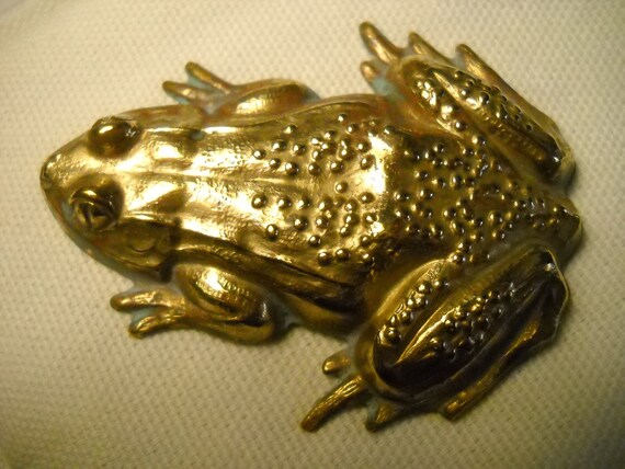 Vintage Brass Frog Brooch, Large Frog Brooch, Fro… - image 1