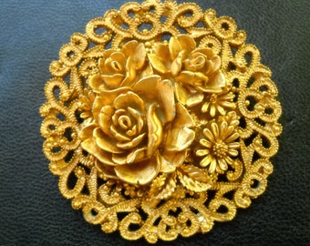 Vintage Gold Resin Floral Brooch, Ornate Large Gold Flower Brooch, Plastic Bouquet Brooch, Summer Flower Shawl Pin