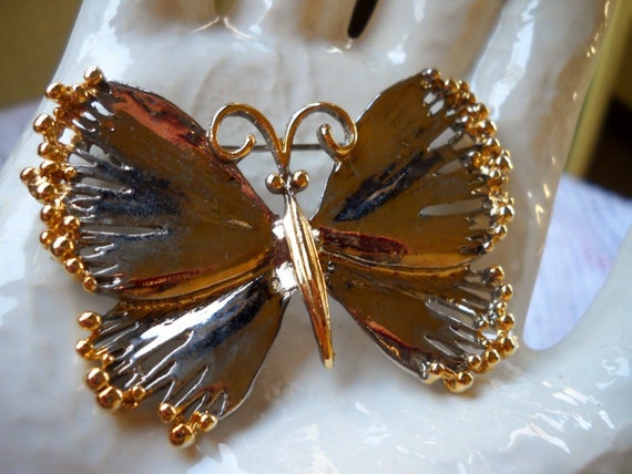Vintage Butterfly Brooch , Silver and Gold  Butte… - image 1
