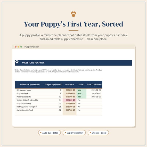 Puppy Planner First Year | New Puppy Checklist | Google Sheets + Excel