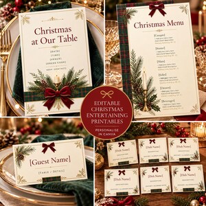 Luxury Christmas Entertaining Stationery Bundle, Editable Christmas Dinner Invitation, Menu, Place Cards, Drinks Menu & Buffet Labels