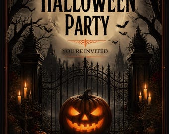 May include: A Halloween party invitation featuring a large glowing jack-o'-lantern in front of a wrought iron gate, a full moon, and silhouettes of bats. The text reads HALLOWEEN PARTY, YOU'RE INVITED, 31.10.26 12AM GRAVEYARD, and RSVP: 123 456 789.