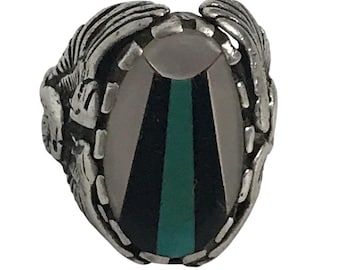 Vintage Zuni Multi Stone Inlaid Sunrise Eagle Wings Biker Silver Ring Size 10
