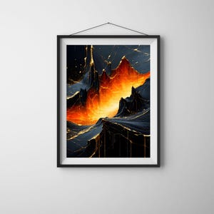 May include: Framed abstract art print featuring a fiery landscape with dark blue and black mountain-like structures. The artwork has a dramatic contrast of orange and gold hues, creating a visually striking piece.
