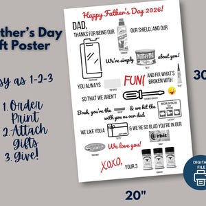 May include: A white Father's Day gift poster with the text "Happy Father's Day 2026!" and various graphics. The poster includes the text "DAD, THANKS FOR BEING OUR" and measures 20 x 30 inches.