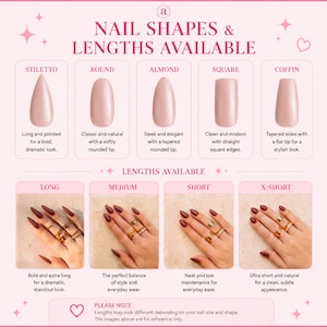 May include: An image detailing nail shapes and lengths. It presents stiletto, round, almond, square, and coffin nail shapes. The image also shows long, medium, short, and x-short nail lengths. Text on the image reads "NAIL SHAPES & LENGTHS AVAILABLE."