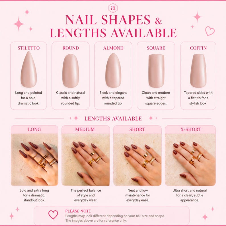 May include: An image detailing nail shapes and lengths. It presents stiletto, round, almond, square, and coffin nail shapes. The image also shows long, medium, short, and x-short nail lengths. Text on the image reads "NAIL SHAPES & LENGTHS AVAILABLE."
