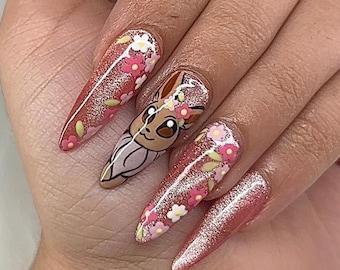 Vår Eevee Pokémon Press Ons | Handmålat Anime Set | Rosa Blommigt Kattögon Set | Handgjord Karaktärsdesign