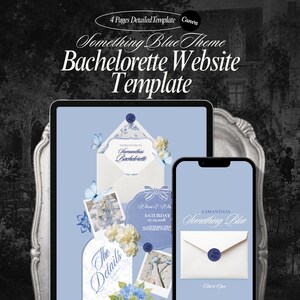 May include: A digital bachelorette website template featuring a light blue color scheme, butterfly graphics, floral accents, and envelope illustrations. The text reads 4 Pages Detailed Template, Something Blue Theme, Bachelorette Website Template.