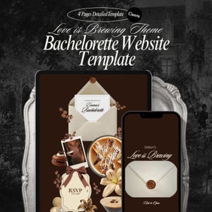 May include: A 4-page bachelorette website template for Canva featuring a Love is Brewing theme. The design includes an envelope, coffee beans, a macaron, a photo, and a wax seal. Text includes Love is Brewing Theme Bachelorette Website Template.