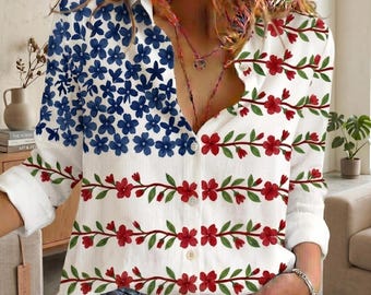 Florale amerikanische Flagge Frauen-Shirt, 4. Juli Oberteil, Unabhängigkeitstag Sommer-Outfit, rot-weiß-blaues USA-Grafik-T-Shirt