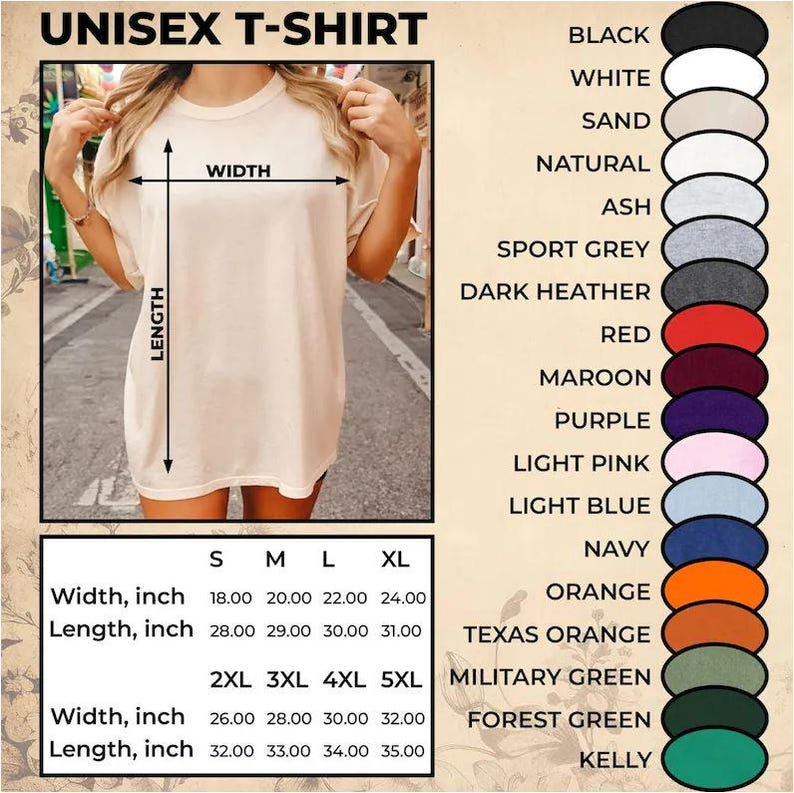May include: A beige unisex t-shirt with size and color options. The shirt's width ranges from 18 to 32 inches, and the length varies from 28 to 35 inches. Color options include black, white, sand, natural, ash, and more.