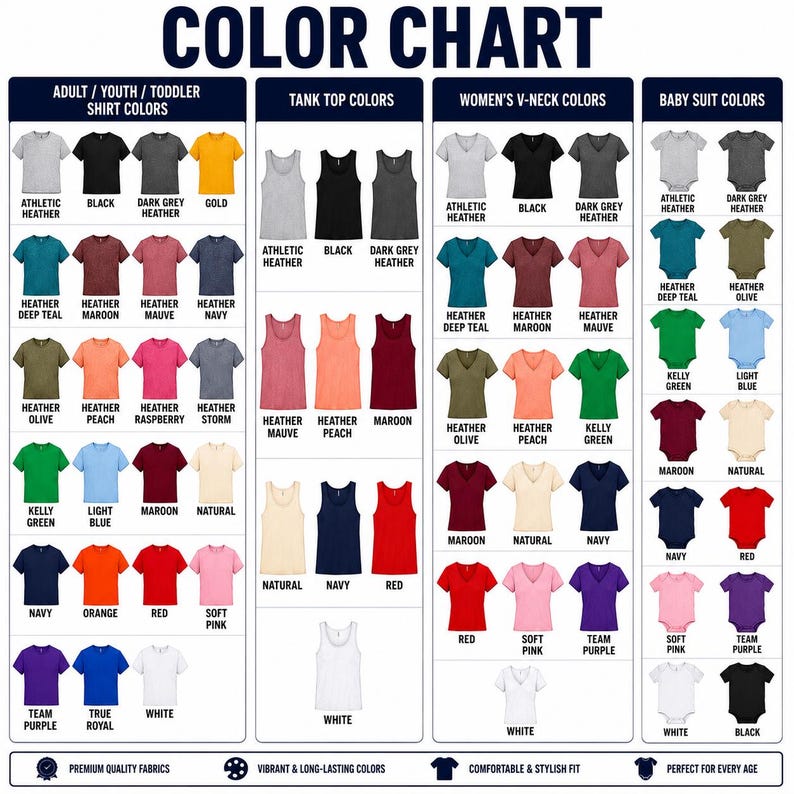 May include: A colour chart showcasing a variety of shirt styles and colours, including adult, youth, toddler, tank top, women's V-neck, and baby suit options. The chart features a wide range of colours, from athletic heather to team purple, with text labels for each colour.