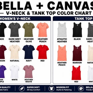 May include: A colour chart for Bella + Canvas women's V-neck and tank tops. The chart shows various shirt colours, including Athletic Heather, Black, Dark Grey Heather, Heather Olive, Heather Peach, Kelly Green, Maroon, Natural, Navy, Red, Soft Pink, Team Purple, White, and Heather Mauve.