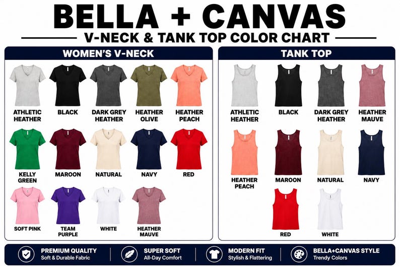 May include: A colour chart for Bella + Canvas women's V-neck and tank tops. The chart shows various shirt colours, including Athletic Heather, Black, Dark Grey Heather, Heather Olive, Heather Peach, Kelly Green, Maroon, Natural, Navy, Red, Soft Pink, Team Purple, White, and Heather Mauve.