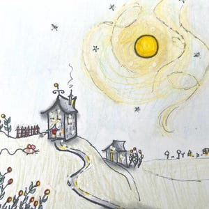 Original nyckfull teckning av gul månestuga | Illustration av litet mushus (4x4-konst)