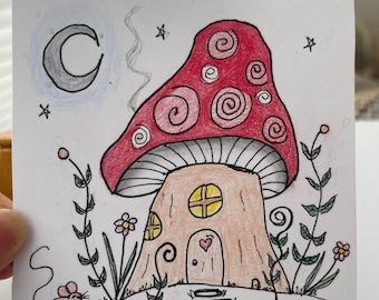 Original Mushroom House Drawing | Whimsical Cottage Art, Mouse Fantasy Illustration (4x4 inches)