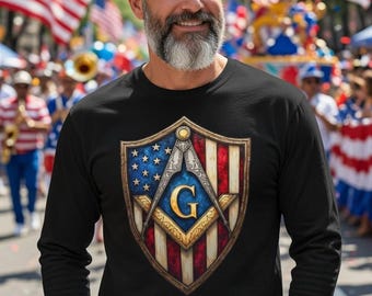 Patriotic Masonic Shield Garment-dyed Heavyweight Long-sleeve Shirt – American Flag Freemason Gift for Brothers