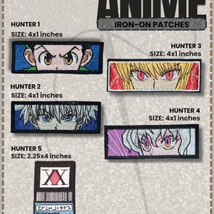 Peut inclure: Un ensemble de cinq écussons thermocollants rectangulaires brodés représentant des yeux de personnages d'anime et une carte de licence de chasseur. Quatre écussons mesurent 10,16x2,54 cm et un mesure 5,71x10,16 cm. Texte ANIME IRON-ON PATCHES.