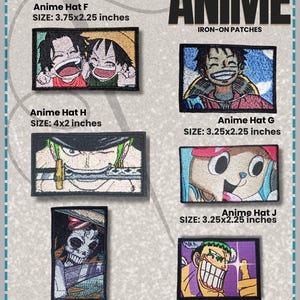 Peut inclure: Une collection d'écussons thermocollants rectangulaires représentant des personnages d'anime. Les écussons incluent Anime Hat F (9,53x5,72 cm), G (8,26x5,72 cm), H (10,16x5,08 cm), J (8,26x5,72 cm), K (5,72x10,16 cm) et L (10,16x7,62 cm).